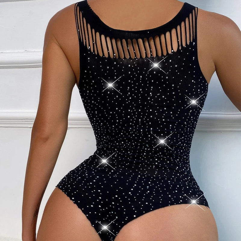 Bling Rhinestones Fishnet Black Bodysuit