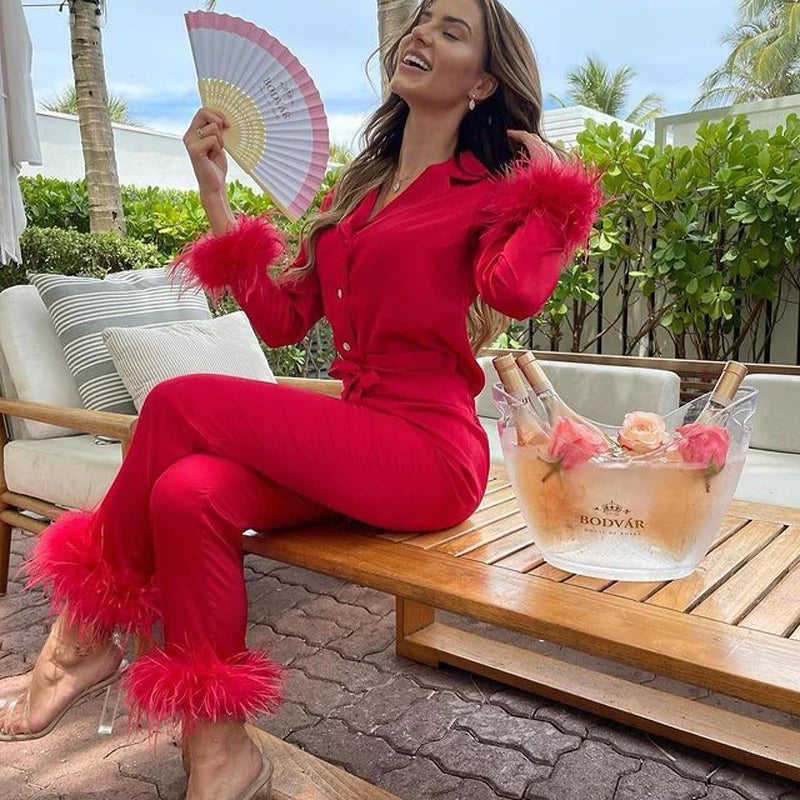 Feather 2Pcs Pants Pajama Set