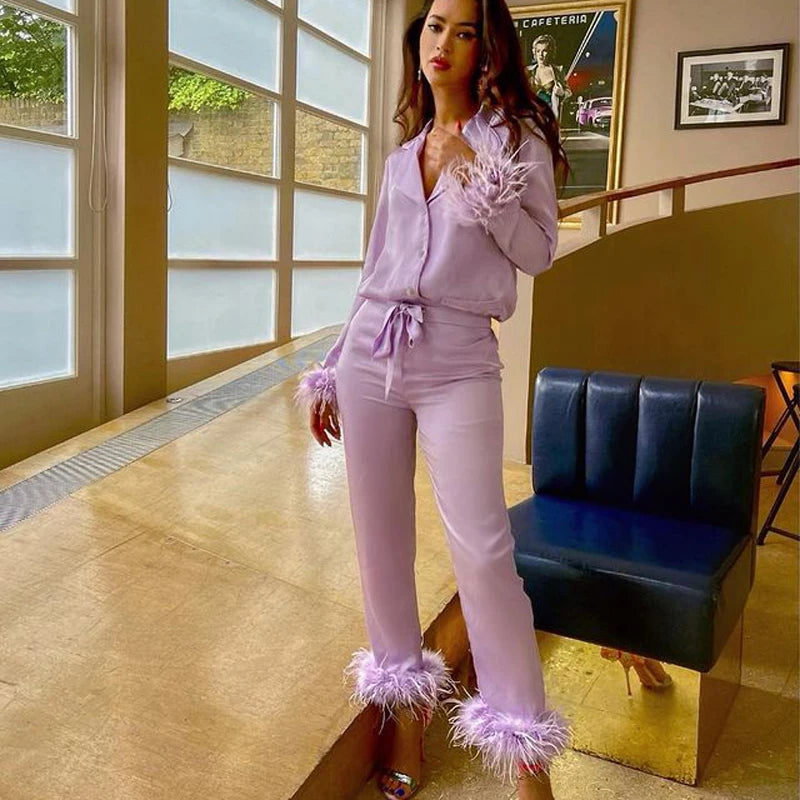 Feather 2Pcs Pants Pajama Set
